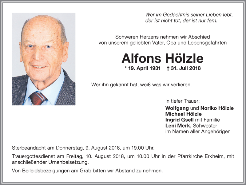  Traueranzeige für Alfons Hölzle vom 08.08.2018 aus Memminger Zeitung