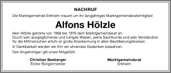 Traueranzeige von Alfons Hölzle von Memminger Zeitung