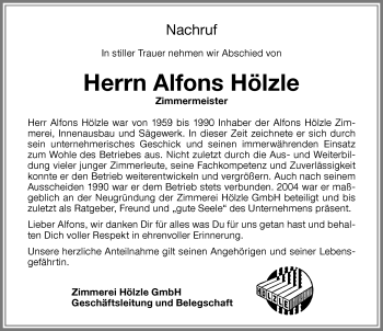 Traueranzeige von Alfons Hölzle von Memminger Zeitung