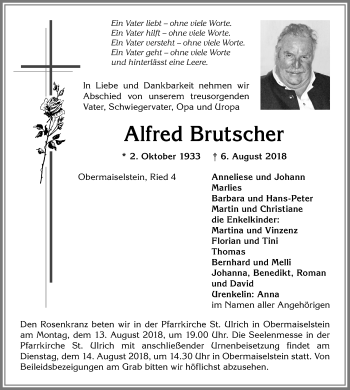 Traueranzeige von Alfred Brutscher von Allgäuer Anzeigeblatt