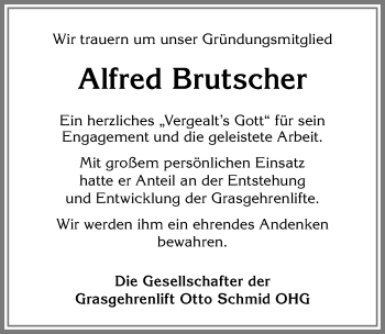 Traueranzeige von Alfred Brutscher von Allgäuer Anzeigeblatt