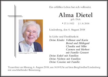 Traueranzeige von Alma Dietel von Der Westallgäuer
