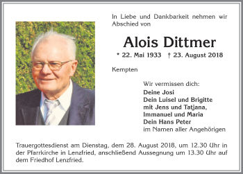 Traueranzeige von Alois Dittmer von Allgäuer Zeitung,Kempten