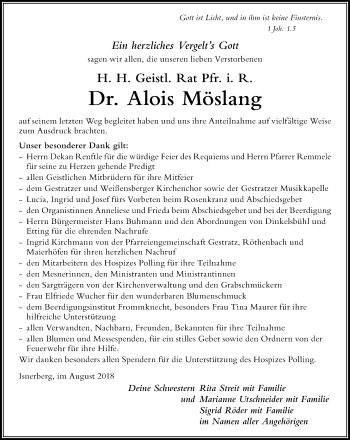 Traueranzeige von Alois Möslang von Der Westallgäuer