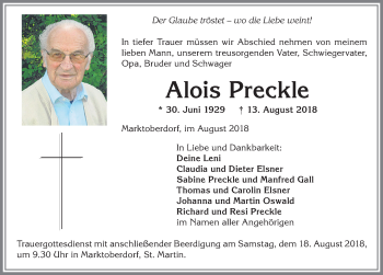Traueranzeige von Alois Preckle von Allgäuer Zeitung