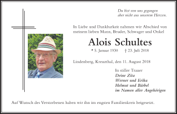Traueranzeige von Alois Schultes von Der Westallgäuer