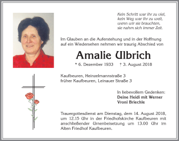 Traueranzeige von Amalie Ulbrich von Allgäuer Zeitung, Kaufbeuren/Buchloe