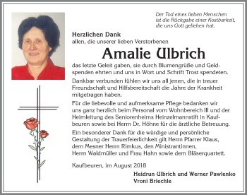 Traueranzeige von Amalie Ulbrich von Allgäuer Zeitung, Kaufbeuren/Buchloe