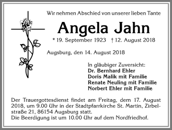 Traueranzeige von Angela Jahn von Allgäuer Zeitung,Kempten