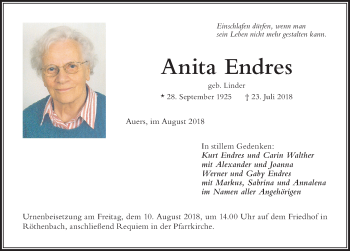 Traueranzeige von Anita Endres von Der Westallgäuer