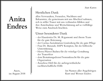 Traueranzeige von Anita Endres von Der Westallgäuer