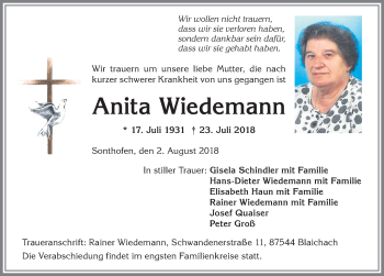 Traueranzeige von Anita Wiedemann von Allgäuer Anzeigeblatt