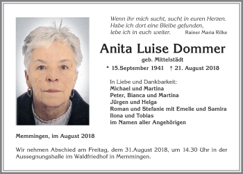 Traueranzeige von Anita Luise Dommer von Memminger Zeitung