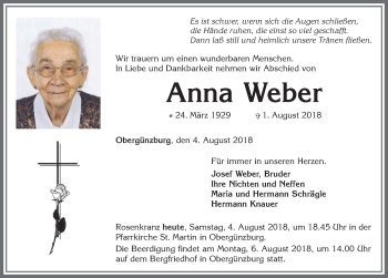 Traueranzeige von Anna Weber von Allgäuer Zeitung, Marktoberdorf