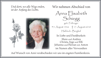 Traueranzeige von Anna Elisabeth Schiegg von Allgäuer Zeitung, Füssen