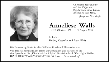 Traueranzeige von Anneliese Walls von Der Westallgäuer