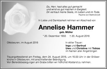Traueranzeige von Annelise Hammer von Memminger Zeitung