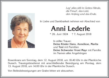 Traueranzeige von Anni Lederle von Allgäuer Zeitung,Kempten