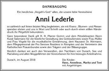 Traueranzeige von Anni Lederle von Allgäuer Zeitung,Kempten