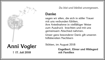 Traueranzeige von Anni Vogler von Allgäuer Zeitung, Marktoberdorf