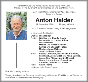 Traueranzeige von Anton Halder von Memminger Zeitung