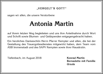 Traueranzeige von Antonia Martin von Allgäuer Anzeigeblatt
