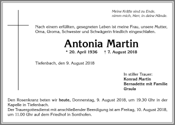Traueranzeige von Antonia Martin von Allgäuer Anzeigeblatt