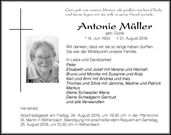 Traueranzeige von Antonie Müller von Der Westallgäuer