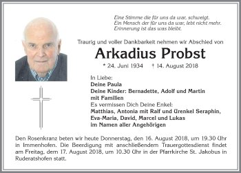 Traueranzeige von Arkadius Probst von Allgäuer Zeitung