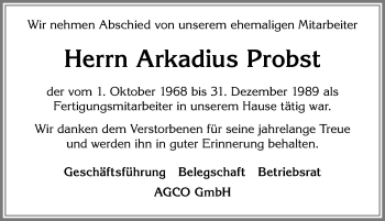 Traueranzeige von Arkadius Probst von Allgäuer Zeitung, Marktoberdorf