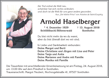 Traueranzeige von Arnold Haselberger von Allgäuer Anzeigeblatt