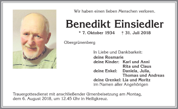 Traueranzeige von Benedikt Einsiedler von Allgäuer Zeitung,Kempten