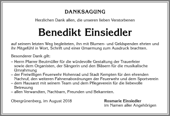 Traueranzeige von Benedikt Einsiedler von Allgäuer Zeitung,Kempten