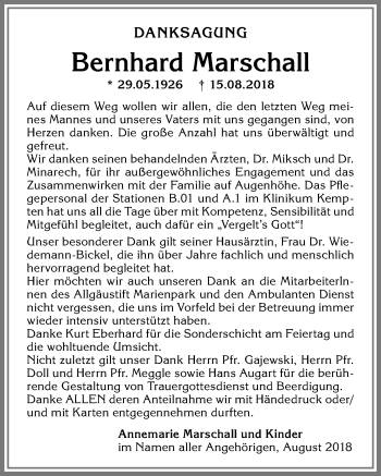 Traueranzeige von Bernhard Marschall von Allgäuer Zeitung,Kempten