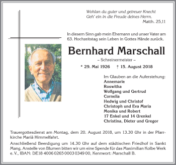 Traueranzeige von Bernhard Marschall von Allgäuer Zeitung,Kempten