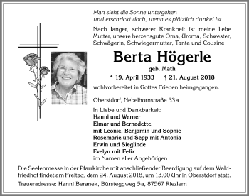 Traueranzeige von Berta Högerle von Allgäuer Anzeigeblatt