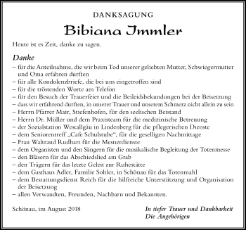 Traueranzeige von Bibiana Immler von Der Westallgäuer