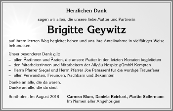 Traueranzeige von Brigitte Geywitz von Allgäuer Anzeigeblatt