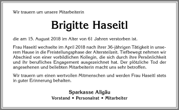 Traueranzeige von Brigitte Haseitl von Allgäuer Zeitung,Kempten