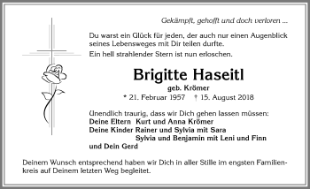Traueranzeige von Brigitte Haseitl von Allgäuer Zeitung,Kempten