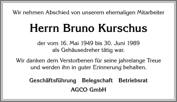 Traueranzeige von Bruno Kurschus von Allgäuer Zeitung, Marktoberdorf