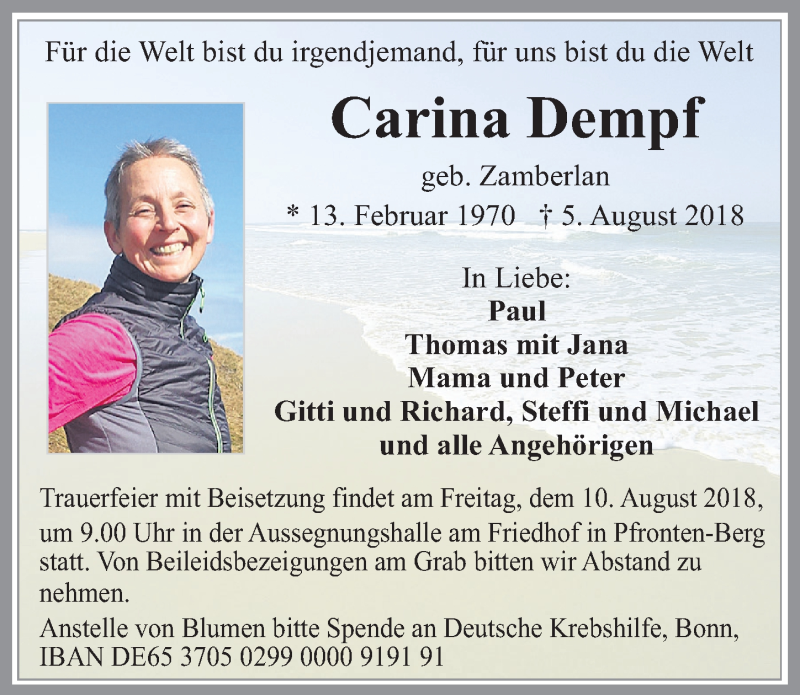  Traueranzeige für Carina Dempf vom 08.08.2018 aus Allgäuer Zeitung, Füssen