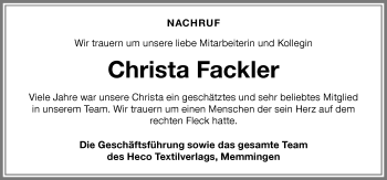 Traueranzeige von Christa Fackler von Memminger Zeitung