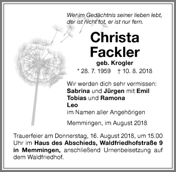 Traueranzeige von Christa Fackler von Memminger Zeitung