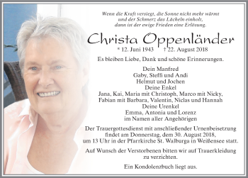Traueranzeige von Christa Oppenländer von Allgäuer Zeitung