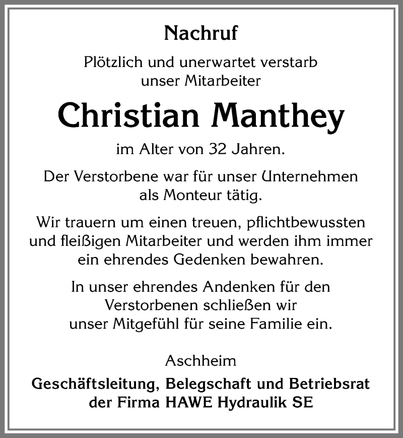  Traueranzeige für Christian Manthey vom 25.08.2018 aus Allgäuer Zeitung, Kaufbeuren/Buchloe