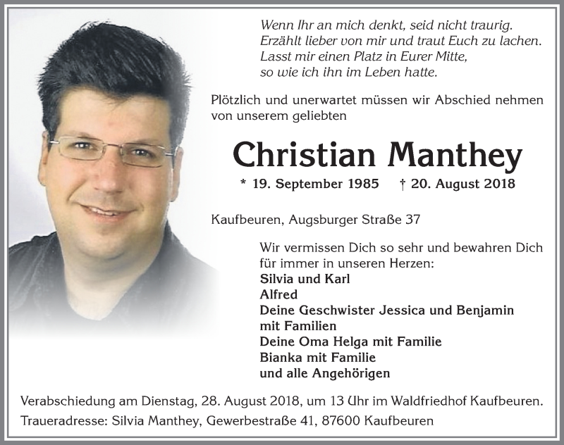  Traueranzeige für Christian Manthey vom 25.08.2018 aus Allgäuer Zeitung, Kaufbeuren/Buchloe