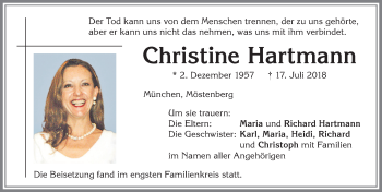 Traueranzeige von Christine Hartmann von Allgäuer Zeitung,Kempten