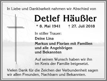 Traueranzeige von Detlef Häußler von Allgäuer Zeitung,Kempten