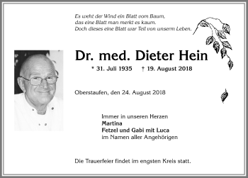 Traueranzeige von Dieter Hein von Allgäuer Anzeigeblatt